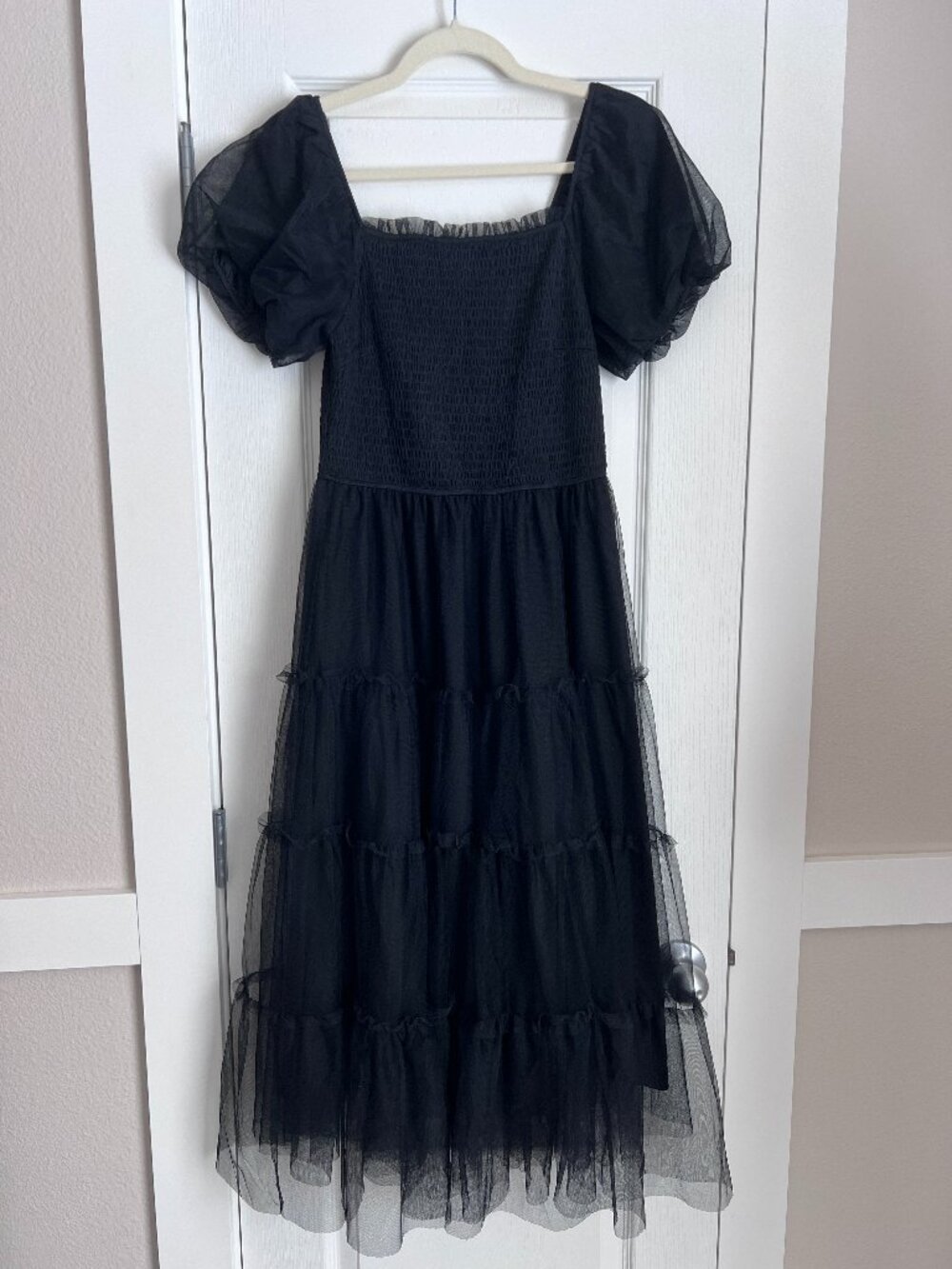 PrettyGarden Black Tulle Smocked Tiered Midi Dress - Size S